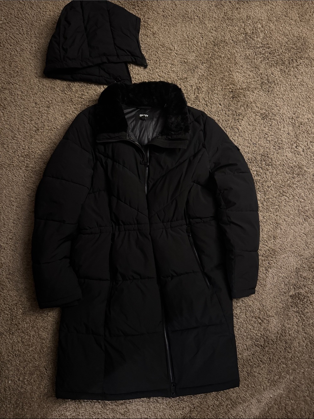DKNY Black Long Quilted Puffer Coat with Detachable Hood